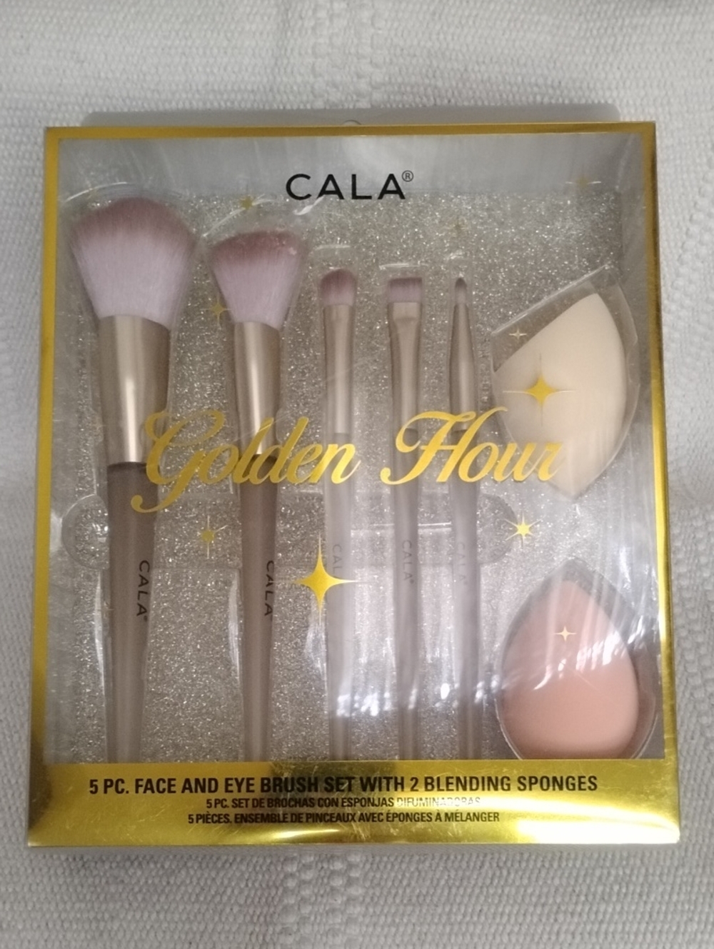 CALA Golden Hour 5-Piece Brush Set with 2 Blending Sponges - Pink & Gold